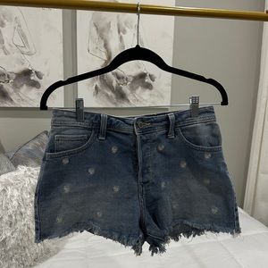 High Rise Embroidered Floral Jean Shorts !